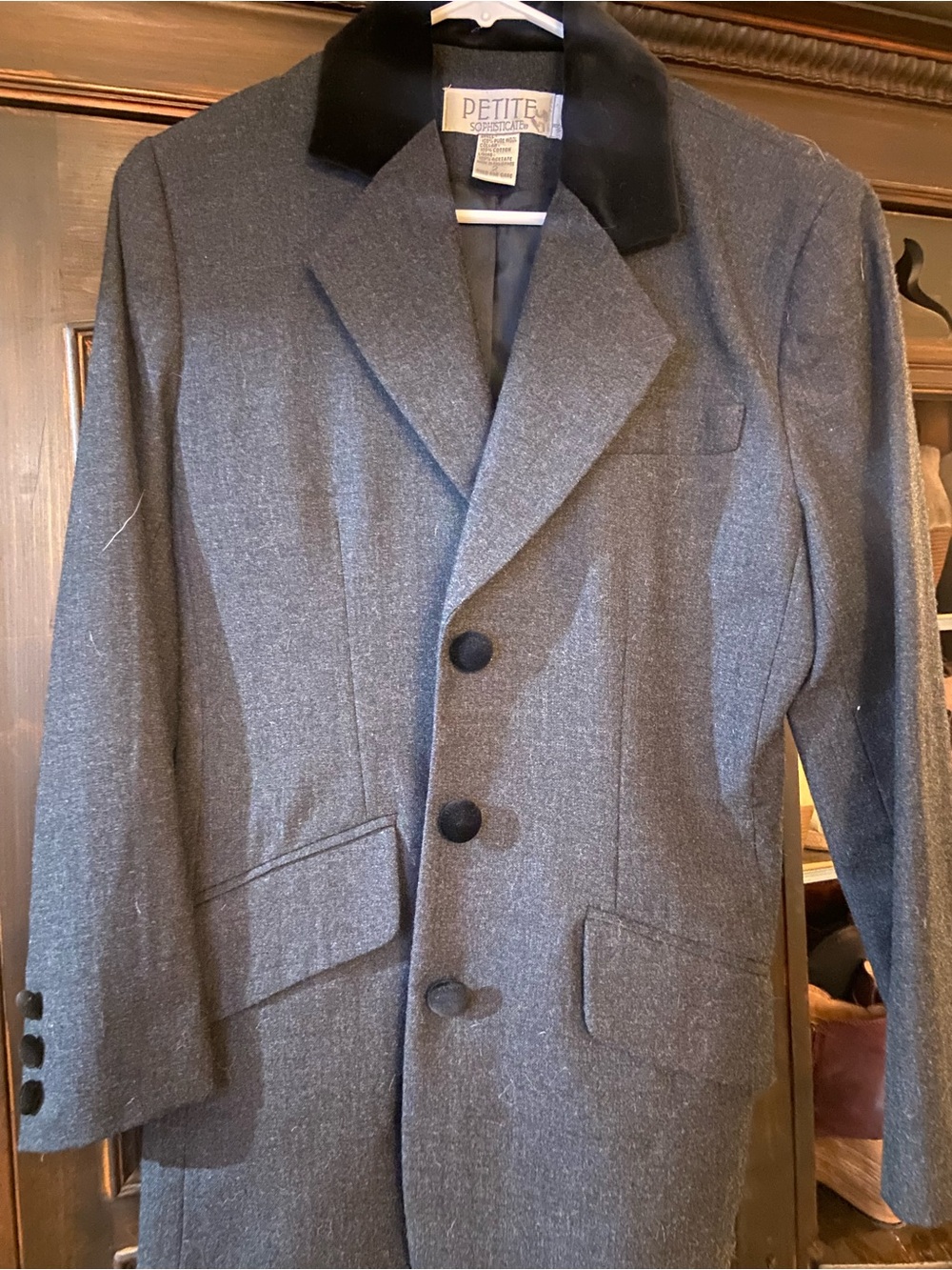 Petite Sophisticate Gray Wool Blend Blazer with Black Velvet Collar